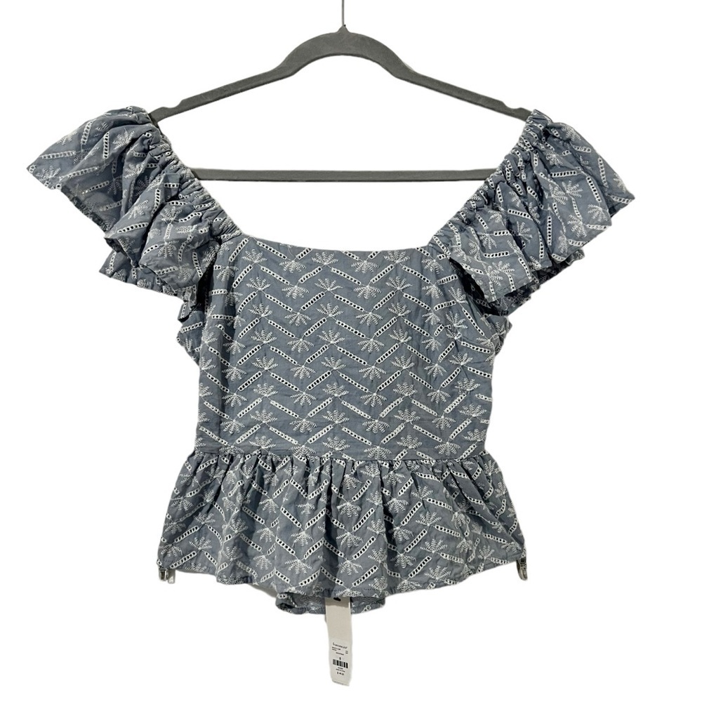 Francesca’s Crop Top. Blue with White Embroidery Flutter Sleeve Back Bow…
